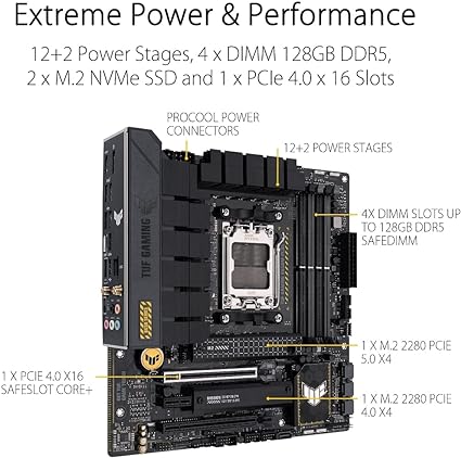 ASUS TUF GAMING B650M-PLUS WIFI Socket AM5 (LGA 1718) Ryzen 7000 mATX gaming motherboard(14 power stages, PCIe® 5.0 M.2 support, DDR5 memory, 2.5 Gb Ethernet, WiFi 6, USB4® support and Aura Sync) ASUS TUF GAMING B650M-PLUS WIFI Socket AM5 (LGA 1718) Ryzen 7000 mATX gaming motherboard(14 power stages, PCIe® 5.0 M.2 support, DDR5 memory, 2.5 Gb Ethernet, WiFi 6, USB4® support and Aura Sync)